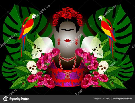 Retrato De Frida Kahlo Con Loros Y Cráneos Día De Los Muertos Día De