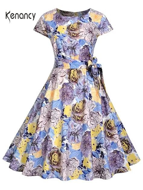 Kenancy 50s Rockabilly Robe Women Flower Print Vintage Dress Summer