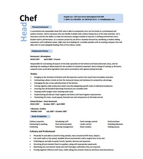 Chef Resume Template 13 Free Printable Word And Pdf Formats Samples