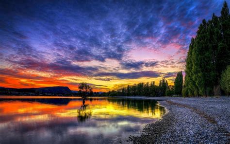 Wallpaper Sunset Sky Clouds Hdr Reflection Lake Trees Beach