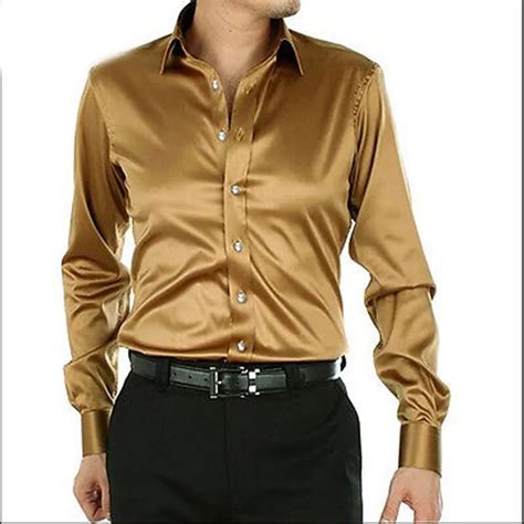 Gold Leisure Clothing Wedding Prom Emulation Silk Long Sleeve Shirts