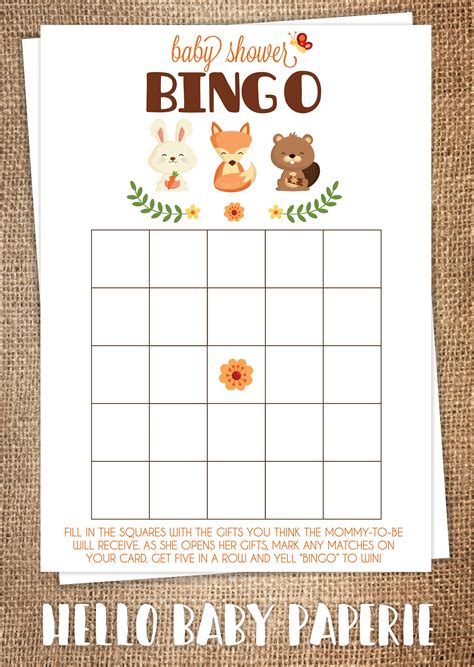 Woodland Trio Bingo Game Template Card Template Printable Baby