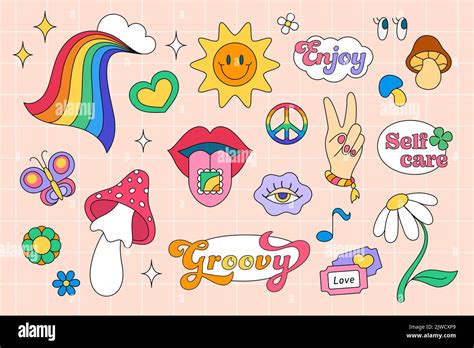 Retro 70s Groovy Stickers Psychedelic Hippie Elements Set Funky