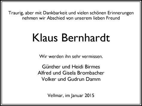 Traueranzeigen Von Klaus Bernhardt Trauerhnade