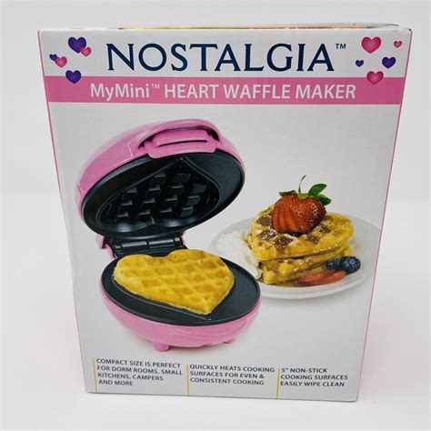 Nostalgia Mymini Heart Waffle Maker Pink 5” Non Stick Compact Valentine
