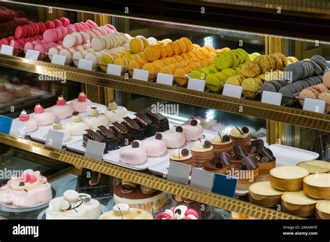 Sweets And Cakes On Display In Bakery Shop Stock Photo Alamy