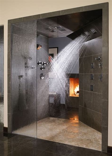 Futuristic Rainfall Shower Head Mixed With Doorless Shower Design And