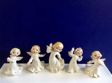 Mid Century Christmas Angels Singing And Dancing Ceramic Figurines