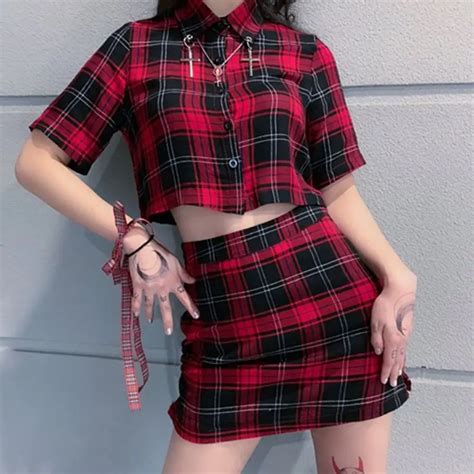 Rosetic Harajuku Plaid 2 Piece Sets Women Streetwear Shirt Crop Top Mini Skirt Vintage School