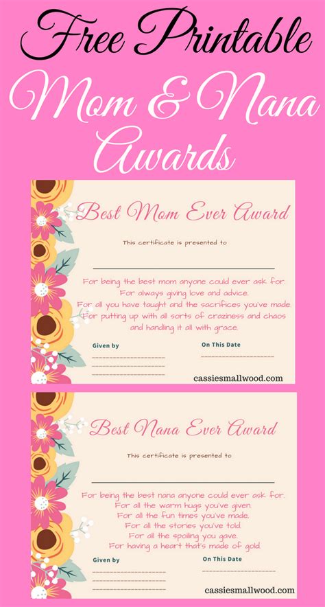 Free Mothers Day Printable Certificate Awards For Mom And Grandma