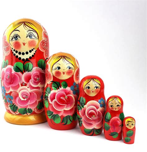 Heka Naturals Russian Nesting Dolls 5 Traditional Matryoshka Roses Style Babushka Wooden