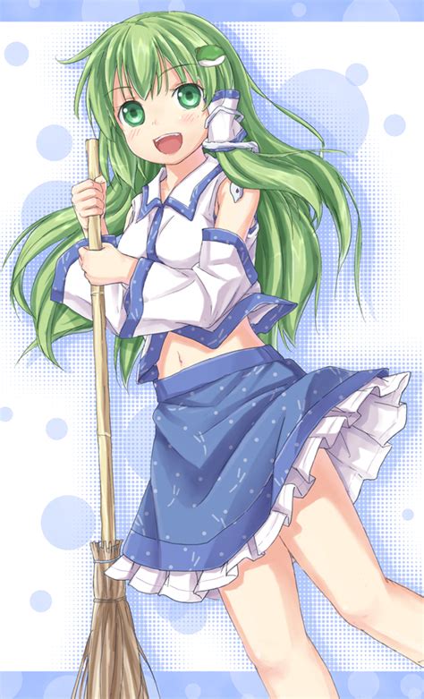 safebooru broom green eyes green hair kochiya sanae long hair navel roshia nise mango solo