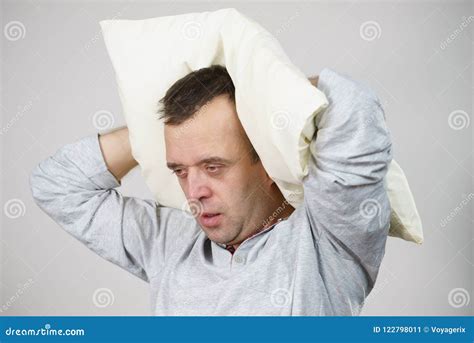 Man Sleepy Tired With Pillow On Grey Stock Image Image Of Gray