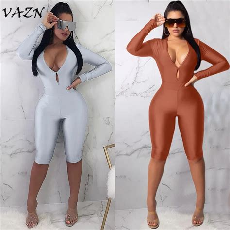 Vazn Autumn Hot 2018 Sexy Deep V Neck Playsuits Women Bodycon Solid Full Sleeve Playsuits Ladies
