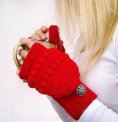 Cherry Red Convertible Fingerless Mittens Crochet Glittens