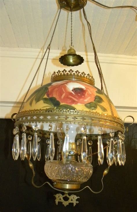 Antique Gwtw Victorian Hanging Library Oil Lamp Wcrystal Prisms
