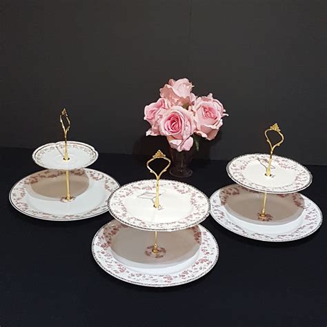 2 Tier Cake Stand Vintage Porcelain Plates Pink Roses Afternoon Tea