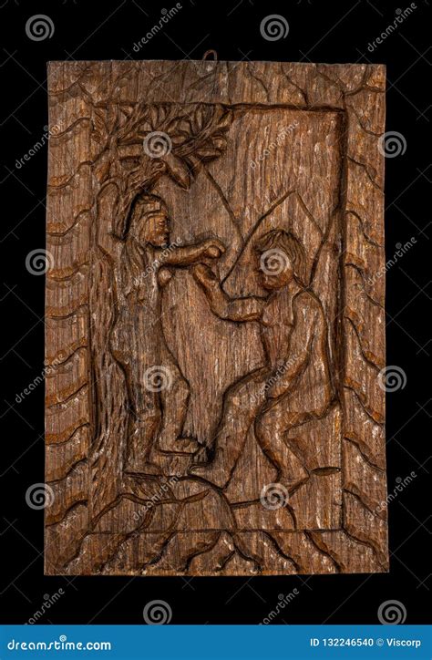 Adam And Eve Naive Wood Bas Relief Stock Photo Image Of Antique