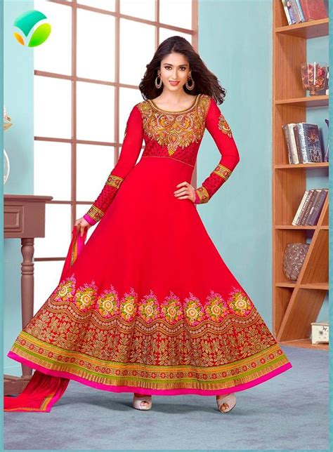 partywear floral anarkali gown carrot red silk fabric embroidered gown style party wear