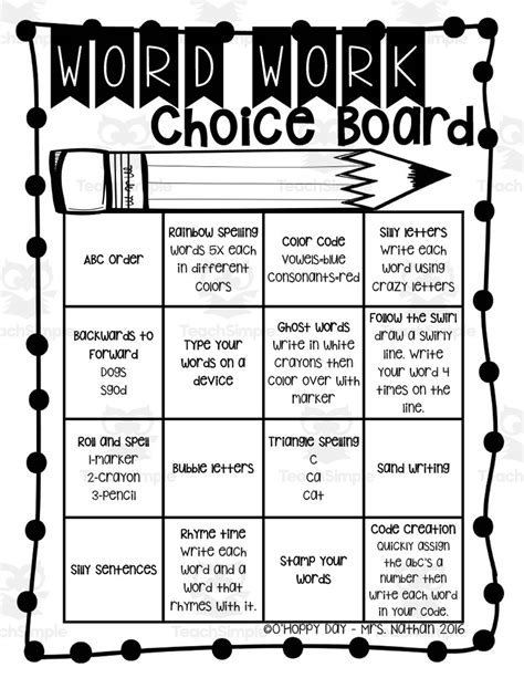 Word Work Choice Board By Teach Simple