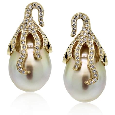 18k Yellow Gold South Sea Pearl Diamond Cluster Earrings