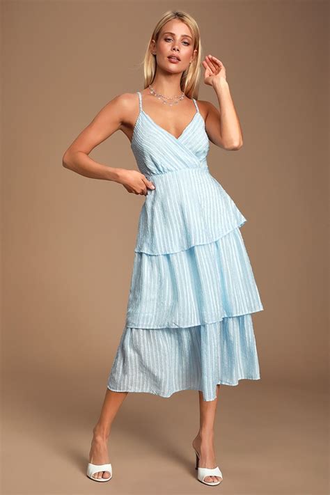 Light Blue Dress Striped Dress Midi Dress Tiered Midi Lulus