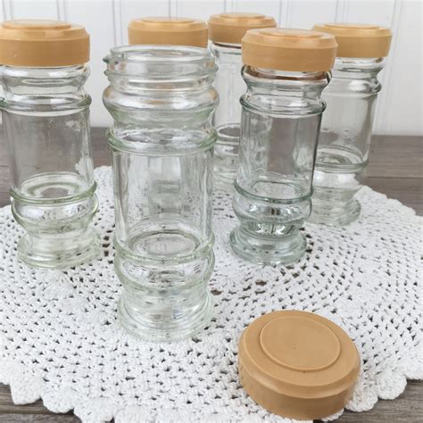 Vintage Spice Bottles Set Of 8 Glass Jars With Plastic Lids Etsy