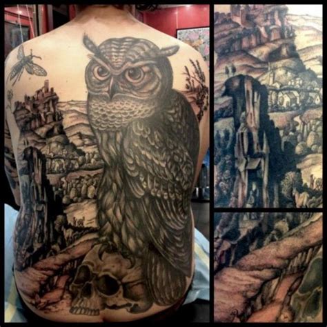 That's why tattoo artists usually put landscape tattoos inside geometric shapes such as circle, triangle, square. Back Owl Landscape Tattoo by Tin Tin Tattoos