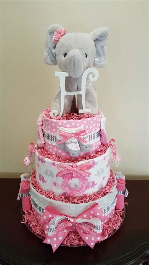 Hot Pink And Grey Elephant Diaper Cake Baby Shower Centerpiece Gift