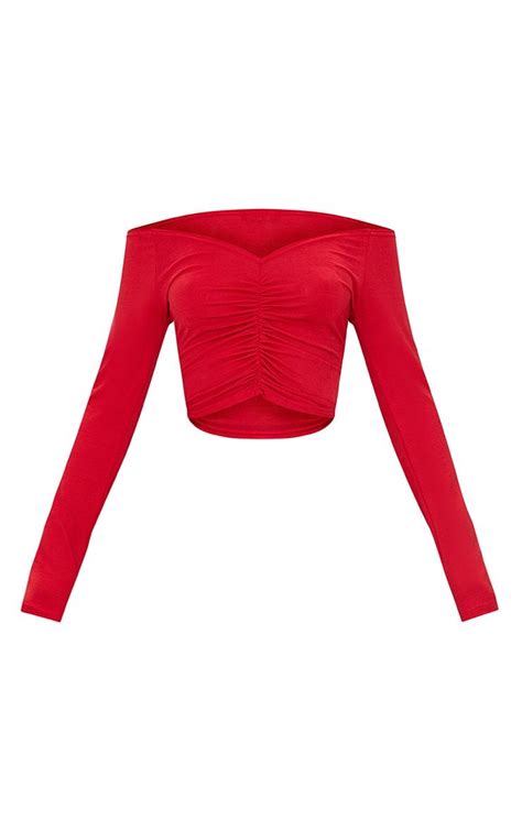 Red Slinky Ruched Front Long Sleeve Crop Top Long Sleeve Crop Top Crop Tops Red Top Women