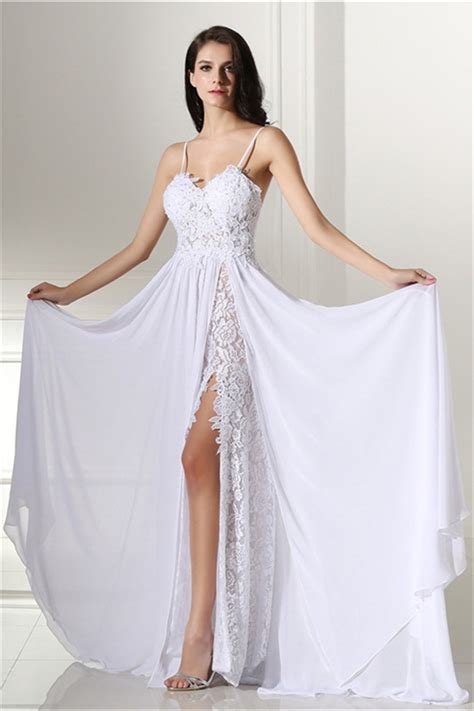 Sweetheart High Slit Spaghetti Strap Long White Lace Chiffon Flowing Prom Dress