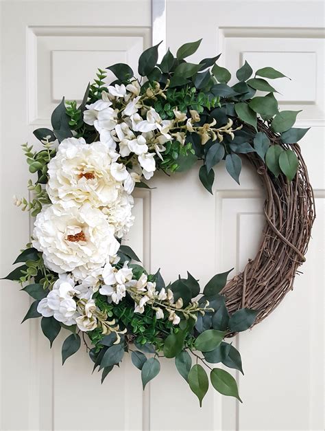 White Peony Wreath On Grapevine Front Door Wreath For All Etsy Door