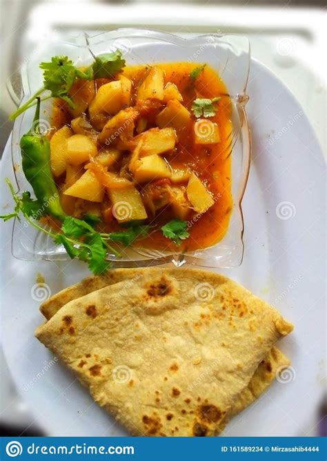Lunch Time Pakistani Food Cooked Potato Gravy With Roti Chapati Indian