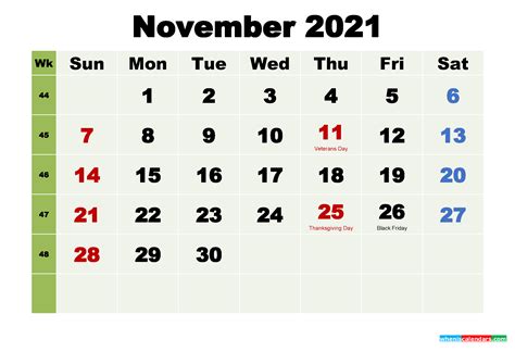 November 2021 Calendar With Holidays Printable Blank Calendar Template