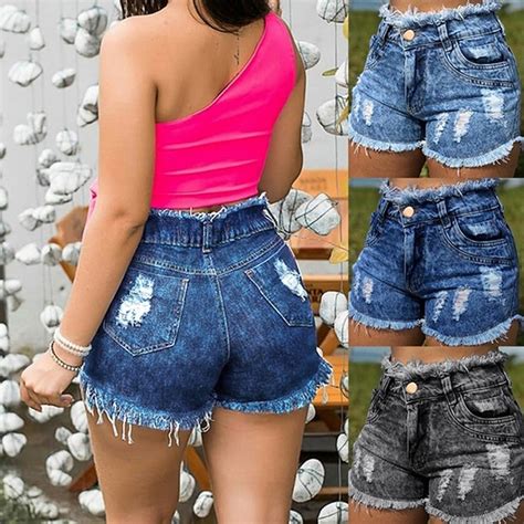 China Women Sexy Distressed Ripped Holes High Waist Denim Shorts Stretch Short Jeans Tassel