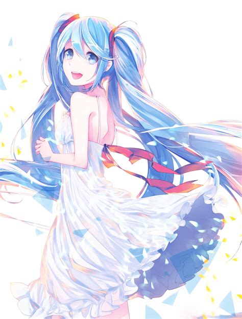 Vocaloid Hatsune Miku Long Hair Twintails White Dress Ribbon