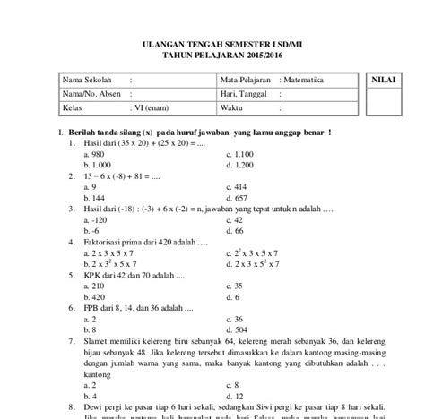 Soal Un Matematika Sd Kelas 6 Lengkap