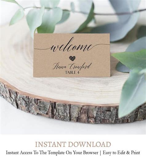Editable Rustic Wedding Placement Cards Printable Kraft Etsy Card