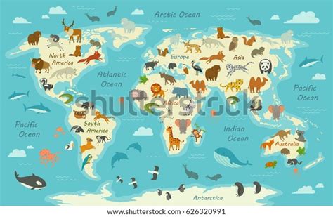 Vector Illustration World Map Animals Stock Vector Royalty Free 626320991