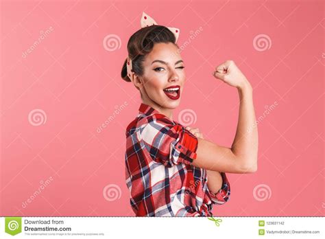 Gorgeous Strong Young Pin Up Woman Showing Biceps Stock Photo Image