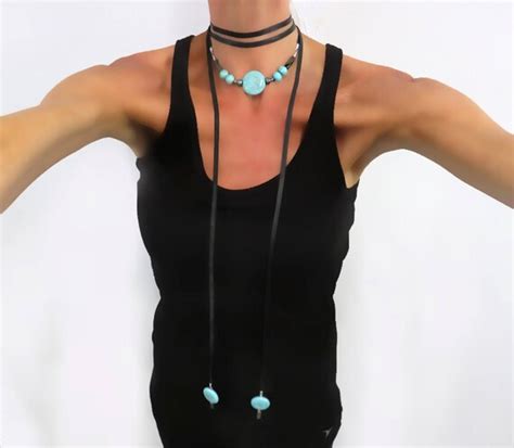Turquoise Wrap Necklace With Leather Bohemian Black Leather