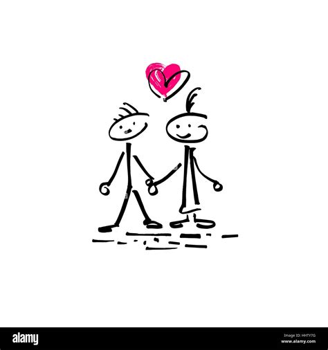 Sketch Doodle Human Stick Figure Couple In Love With A Heart Stock