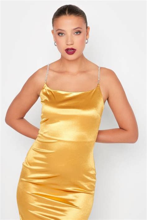 Lts Tall Womens Gold Diamante Strap Satin Mini Slip Dress Long Tall