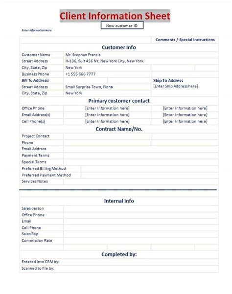 client information sheet template excel  formats