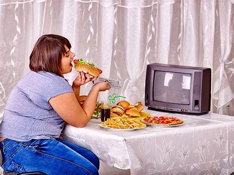Fat Overweight Woman Eat Burger Junk Fast Food Unhealthy Diet Stock