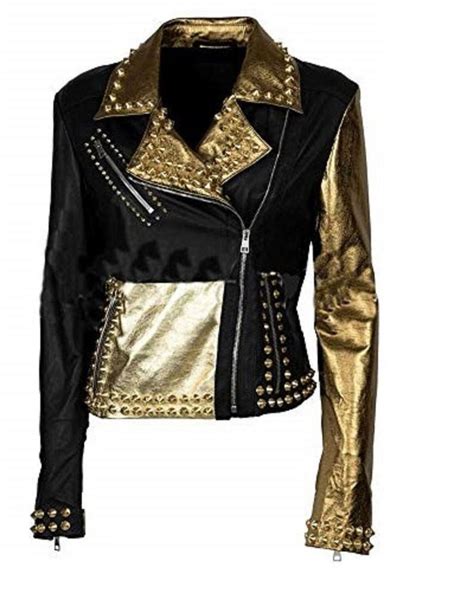 Handmade Women Gold Studded Leather Jacket Golden And Black Genuine