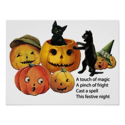 Vintage Halloween Black Cats And Pumpkins Poster Zazzle