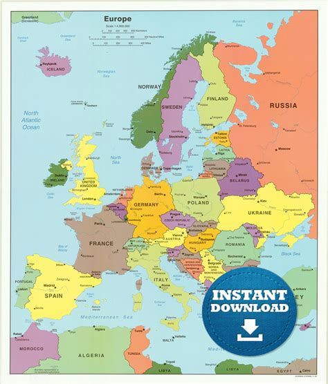 Digital Modern Map Of Europe Hight Printable Download Large