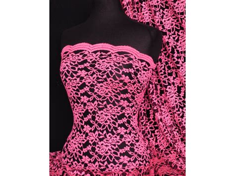 Lace Scalloped Lycra 4 Way Stretch Fabric- Neon Pink/Black Rose Q1170 NPNBK