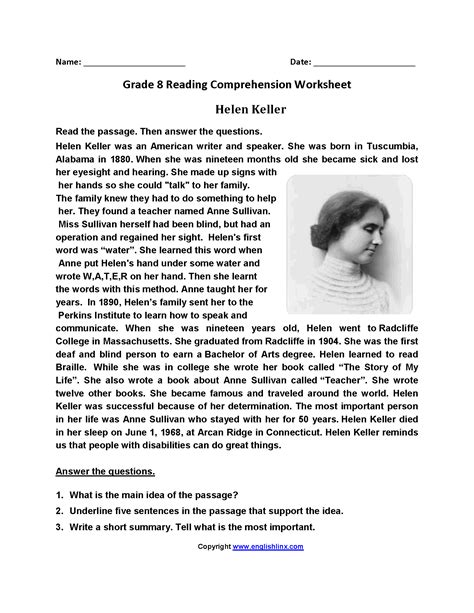 Please choose from the grammar areas. Helen Keller Eighth Grade Reading Worksheets | Reading worksheets, Reading comprehension ...